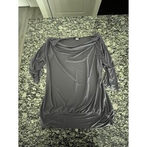 American City Wear Blouse Top Women 2X Gray Boat Neck Casual Ruched High Low Hem